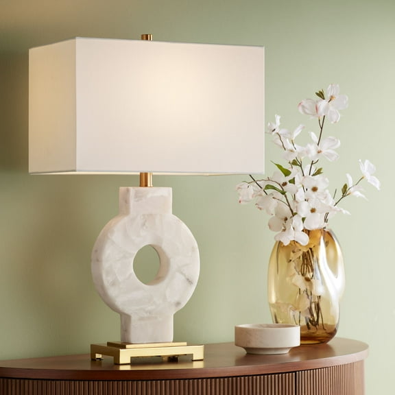 Possini Euro Design Mavi 25 1/2" High Round Modern 3-Way Table Lamp White Finish Alabaster Marble Stone Living Room (Colors May Vary)