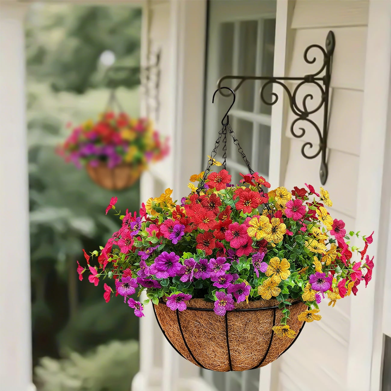 2 Sets of Artificial Hanging Baskets, 24 Simulated Flowers, with Metal Coconut Baskets, Suitable for Outdoor Spring and Summer Courtyard Decoration