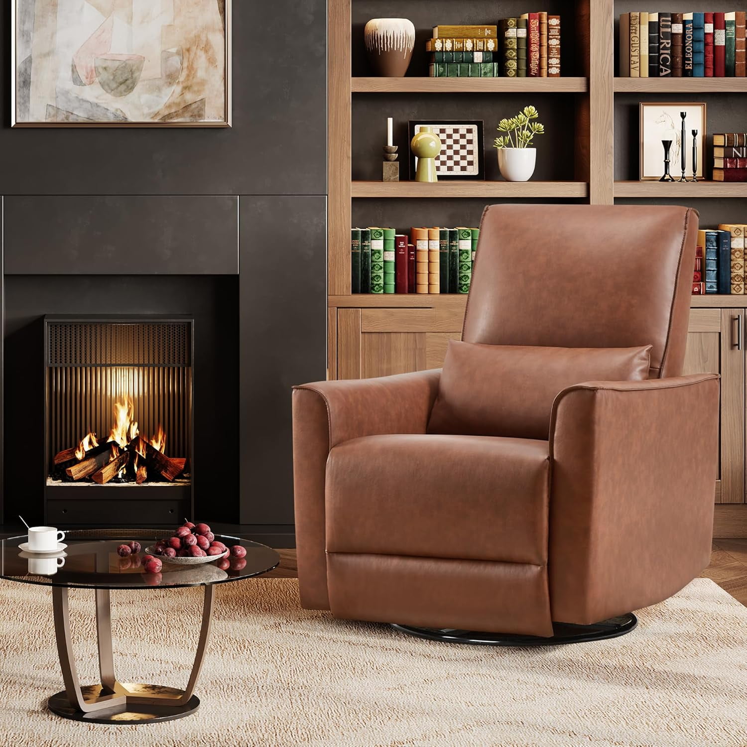 Litake 360° Swivel Rocking Recliner Chair, Glider Rocking Chair, Upholstered Faux Leather Recliner, Manual Recliner Chair with Lumbar Support, Nursery Rocking Recliner for Living Room, Brown