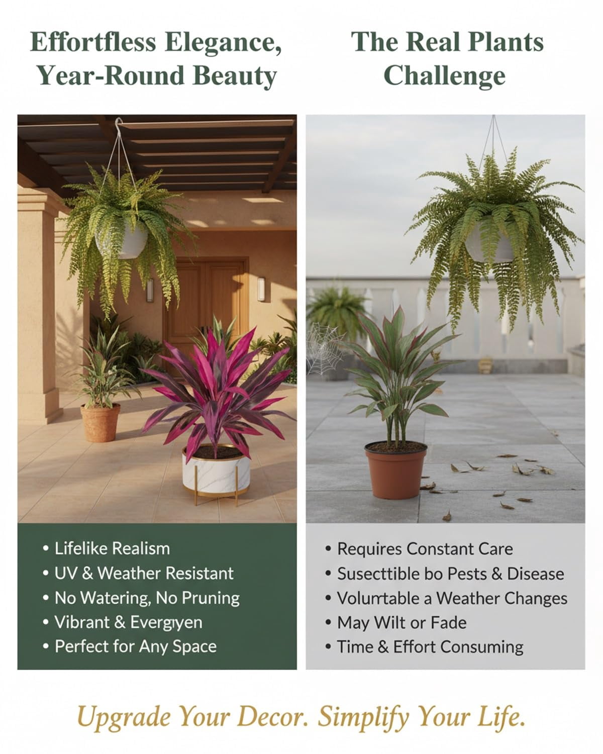 Large Realistic Artificial Boston Fern & Dragon's Blood Tree Plants, UV Resistant Outdoor Fake Plants Set of 2 for Garden Patio Balcony Decor