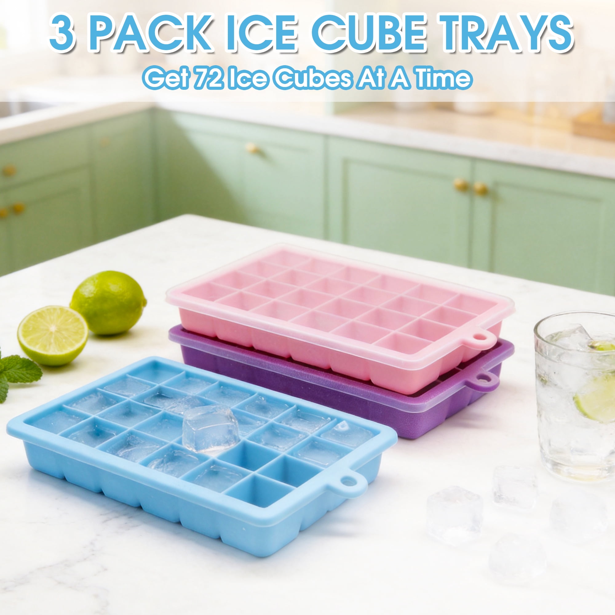 GARITIN Silicone Ice Cube Trays 3 Pack with Lids Stackable BPA Free Easy Release for Whiskey Coffee Cocktails