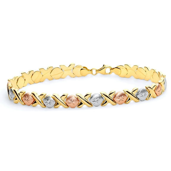 Wellingsale 14k Tri 3 Color Gold Polished Diamond Cut Stampato XOXO Bracelet with Lobster Claw Clasp - 7.25"
