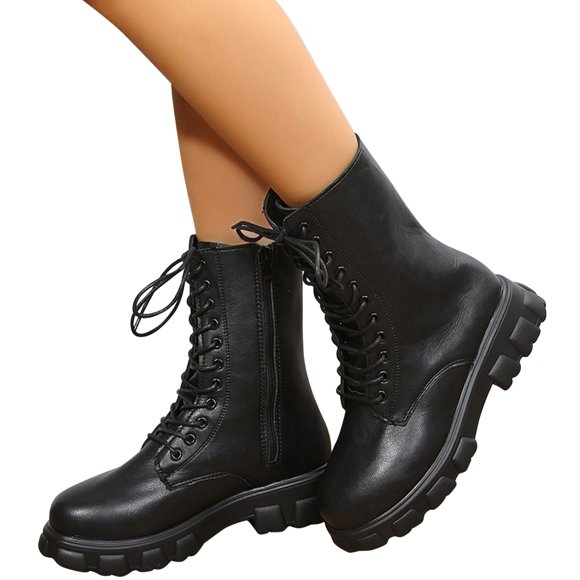 Rokment Mid Calf Combat Boots for Women Black White Leather Classic Leather Platform Chunky Riding Short Booties