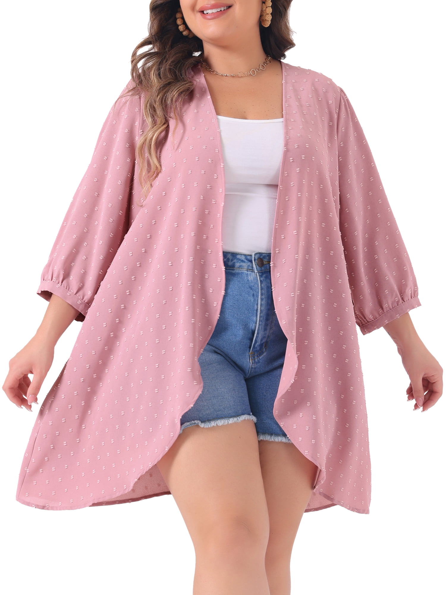 DARING DIVA Plus Size 3/4 Sleeve Swiss Dots Cover Up Cardigan 1X Pink