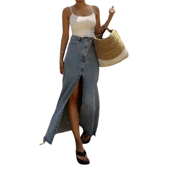Women'S High Waist Maxi Denim Skirts Front Split Frayed Raw Hem A Line Casual Long Jean Skirt M