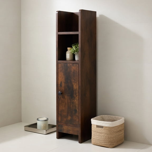 Resenkos Bathroom Slim Corner Storage Cabinet, Freestanding Organizer with Door and Adjustable Shelves, Storage Cabinet with Anti-Toppling Design for Small Bathroom, Kitchen, Rustic Brown