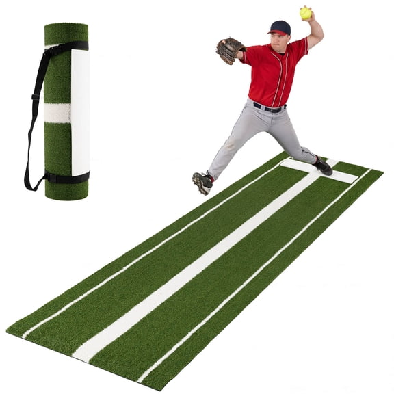 Costway Softball Pitching Mat with Pitching Mound, Anti-Fade Turf & Anti-Slip Foam Backing Green