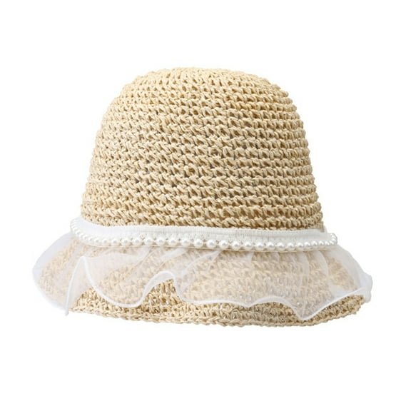 56-58cm hat circumference lace pearl straw hat female summer seaside sunshade woven sunscreen hat - Beige