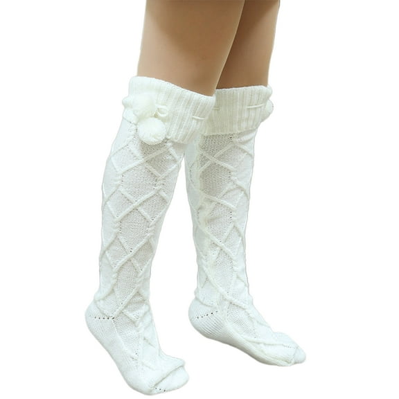 Autumn Winter Cable Knit Thigh High Boot Socks for Women Solid Color Cute Pompom Over Knee Long Stockings Leg Warmer