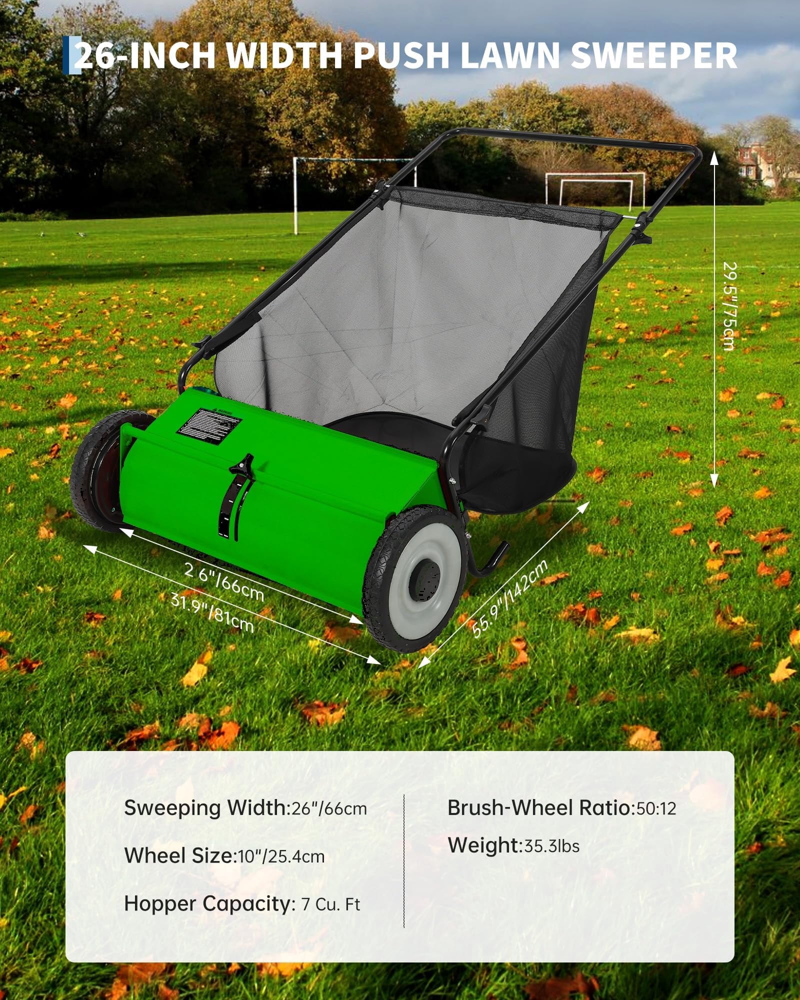 BouPower 26 in Push Lawn Sweeper – 4 Spinning Brushes, 7 Cu. Ft. Large Capacity Collection Bag, Adjustable Height, Durable Steel Frame with Rubber Wheels, for Grass, Leaves & Debris on All Terrains