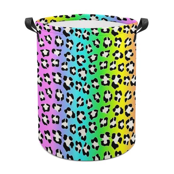 Rainbow Leopard Print Laundry Bag, Collapsible Round Laundry Hamper with Handle, Laundry Basket for Clothes, Toys, Extra Tall Washing Bin for Home Storage