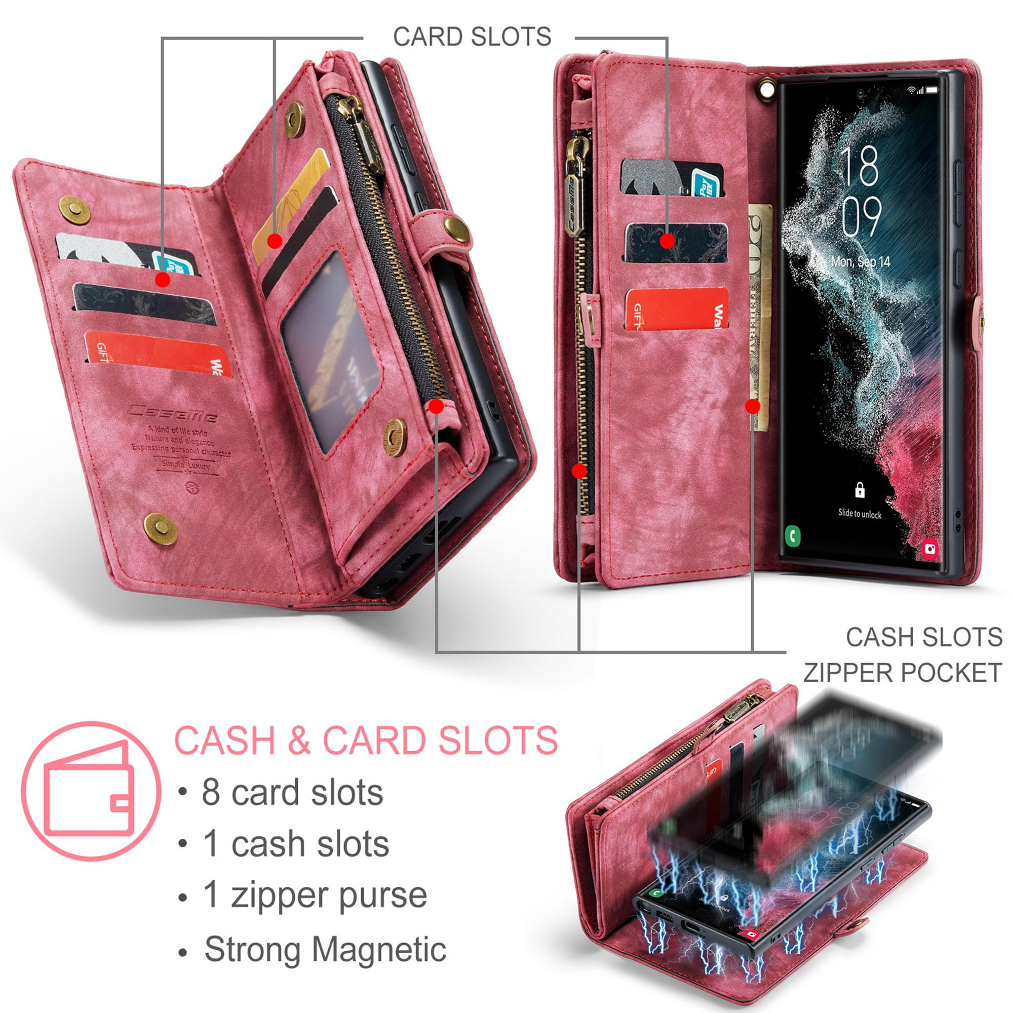 iPhone 8 Plus Wallet Case, iPhone 7 Plus Case, Dteck Multi-function 2 in 1 PU Leather Zipper 11 Card Slots Card Slots Money Pocket Clutch Wallet Case Detachable Magnetic Cover, Red