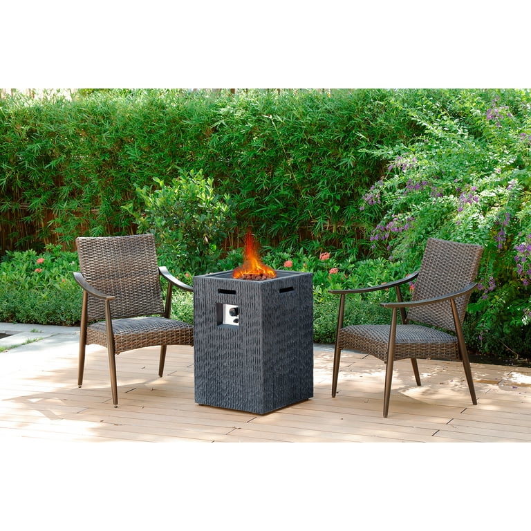 19 inch Outdoor Propane Fire Pit Table with 2 Chairs, 40,000 BTU Patio Gas Heater Column with Vertical Texture Surface, Red Lava Rocks, and PVC Firebowl Cover 19 inch Outdoor Propane Fire Pit Table with 2 Chairs, 40,000 BTU Patio Gas Heater Column with Vertical Texture Surface, Red Lava Rocks, and PVC Firebowl Cover