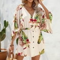 thumbnail image 3 of QUYUON Women V Neck Mini Dress Summer Bell Sleeve Button-Down Short Dresses Tie Waisted Boho Dress Beach Sundress Casual Loose Swing A-Line Cocktail Party Night Out Club Dress, Beige XXL, 3 of 4