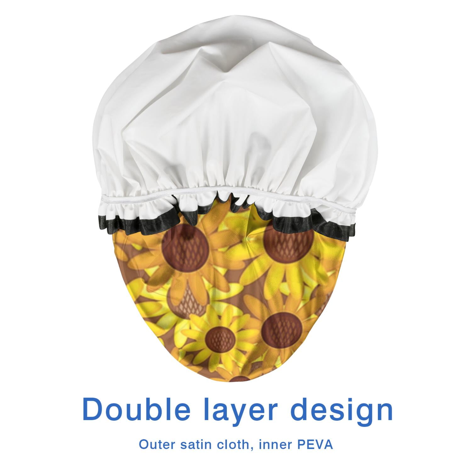 Shower Caps,Brown Yellow Sunflower Pattern Waterproof Shower Cap for Women 4 Pieces,Double Reusable Hair Cover for Shower PEVA Elastic Stretch Hem