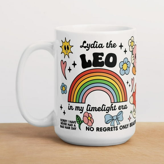 Personalized Leo Coffee Mug, Tea Cup, Funny For Work, Zodiac Gift For Bestie, Bridal, Kidcore, Trendy, Groovy, Retro Art, Quirky, Terriblay, Ceramic Mug 15Oz