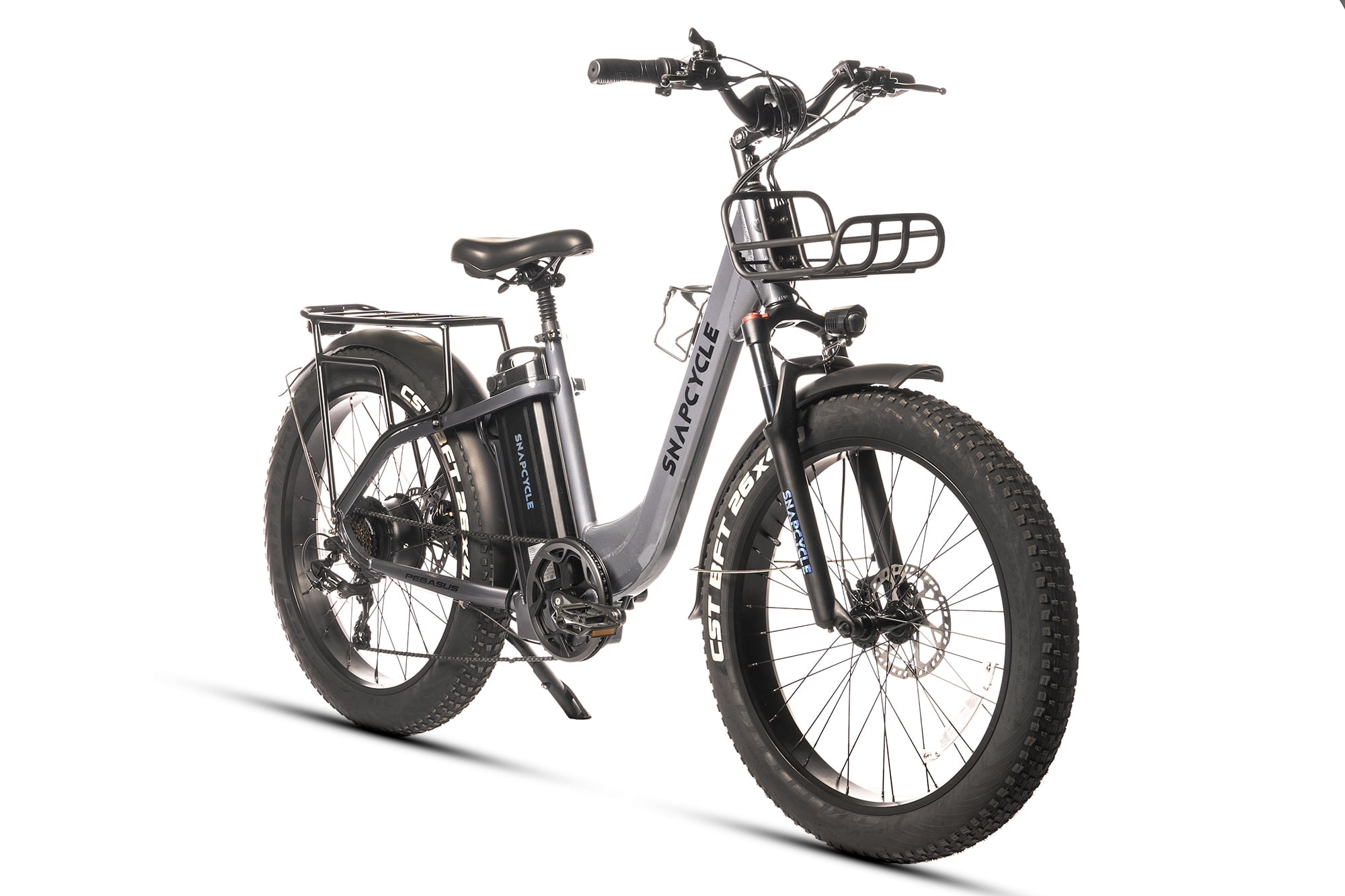 Snapcycle Pegausus Electric Bike for Adults, 750W Peak Motor, 28MPH with 26" x 4.0 Fat Tire Step-Thru Ebike, 48V 15AH Removable Battery, Gray