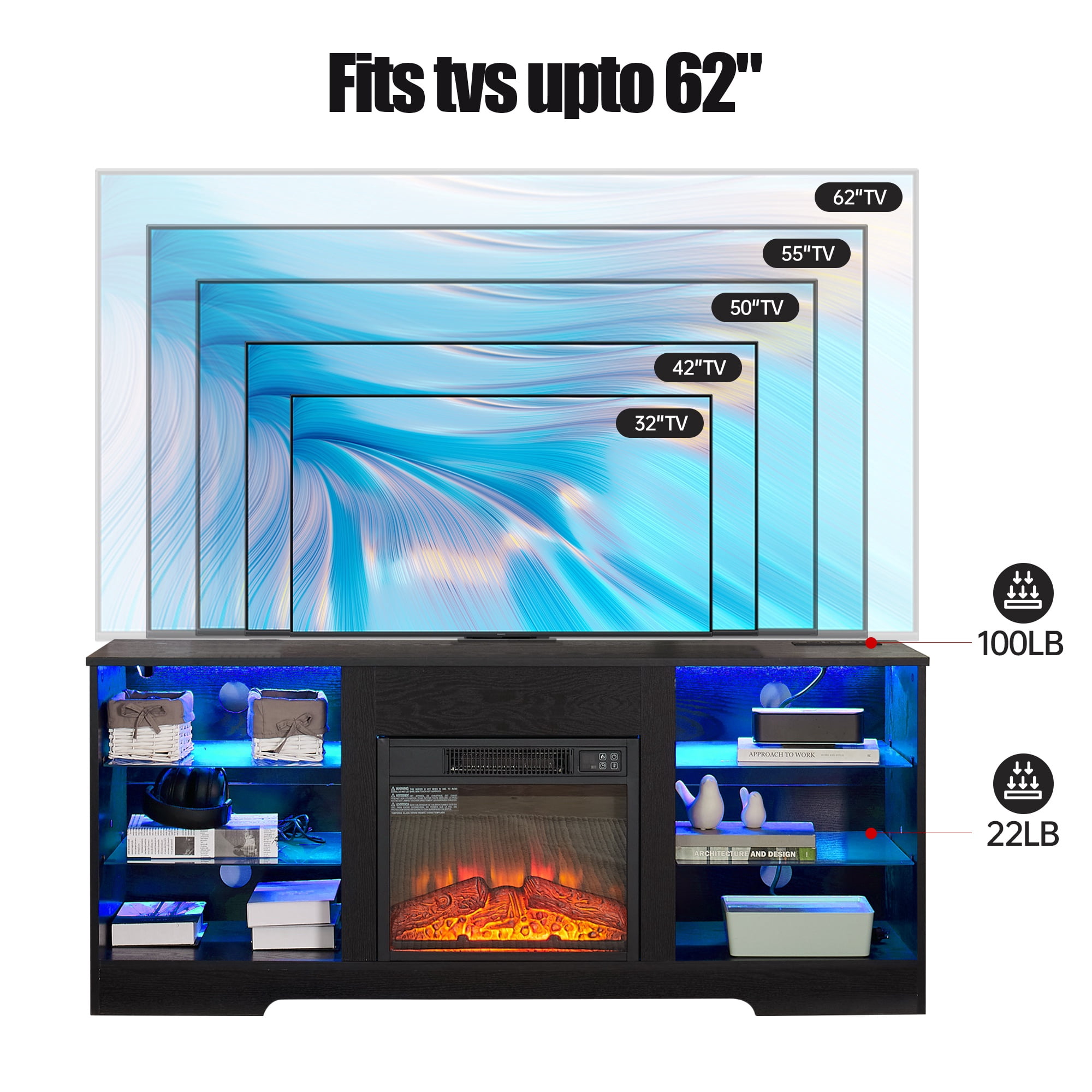 PAPROOS Fireplace TV Stand for 65 Inch TV, Farmhouse Entertainment Center with 18'' Fireplace, Electric Fireplace TV Stand with LED Light & Charging Station, TV Console for Living Room, Black