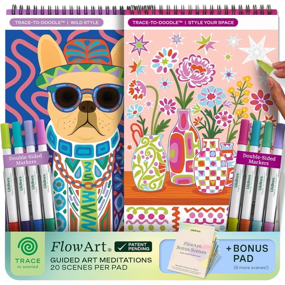 Lifelines FlowArt Activity Pad, 2-Pack & Bonus Pad - Guided Tracing Art Meditations with Markers - 8 Double-Sided Markers & 48 Scenes - Trace-to-Doodle Coloring Books for Tweens, Adults & Seniors