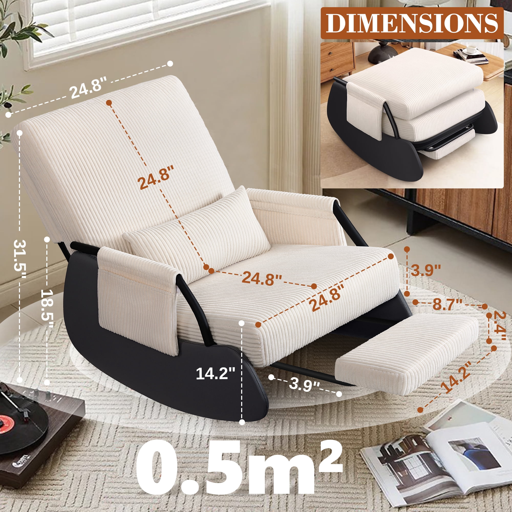 Primy Nursery Rocking Chair, Low-Seat Glider Chair, Upholstered Rocking Accent Chair Recliner with Side Pocket and Foot Rest for Mom Nursery Living Room Bedroom