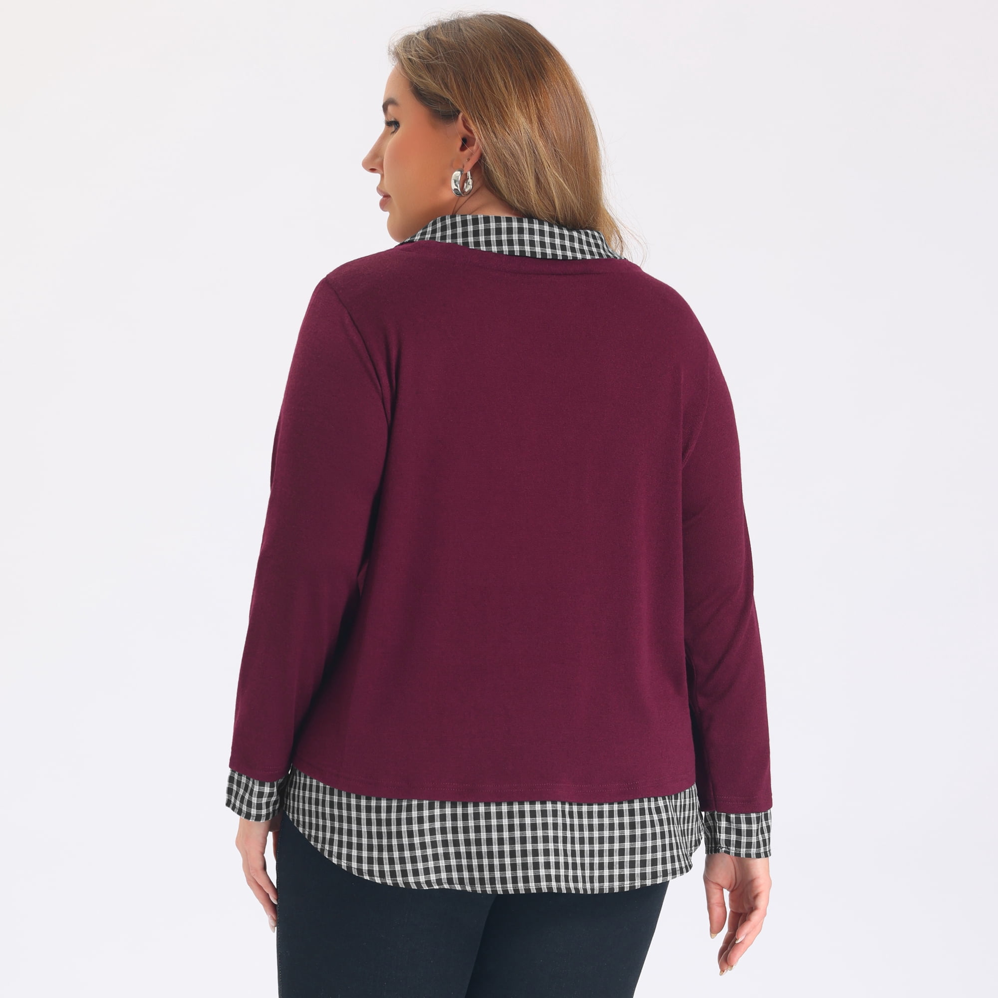 DARING DIVA Women's Plus Collared Plaid Contrast Patchwork Long 1X Burgundy