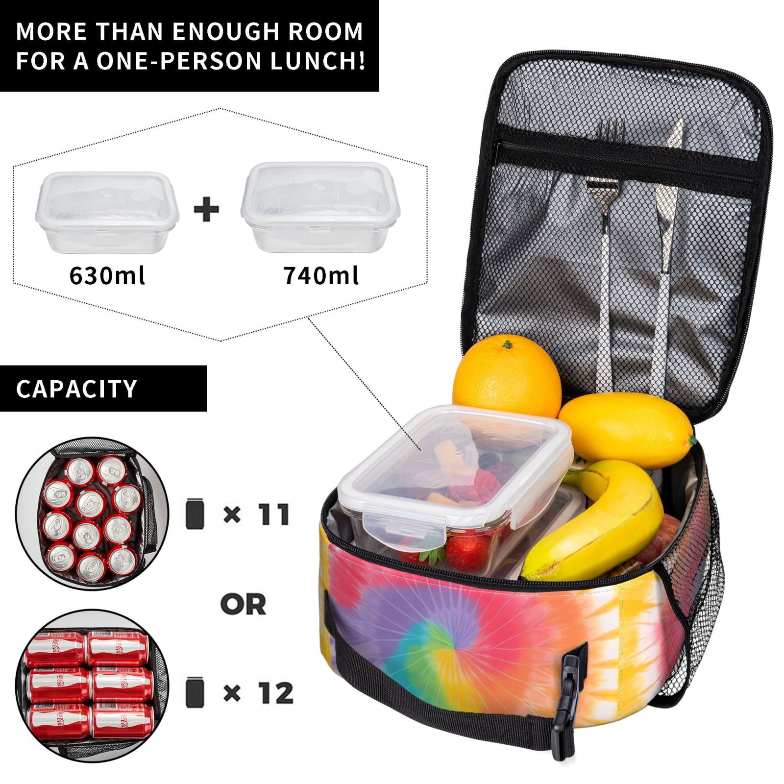 Lunch Bag For Women Men Insulated Portable Lunch Box Bento Box Office Picnic Travel Cooler Bag Tie-Dye Pattern Rainbow Colors (2)