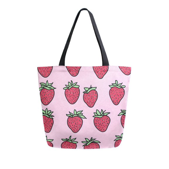 FORMRS Womens Canvas Tote Bag with Zipper Inner Pocket Shoulder Handbag, Cartoon Strawberry