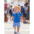 thumbnail image 5 of BemeyourBBs Toddler Baby Boy Back to School Outfit Kids Kindergarten Outfits Baby Boys Summer Clothes School Bus Embroidered Short Sleeve Zipper Lapel Shirt Tops and Plaid Pockets Shorts 2 Piece Set, 5 of 9