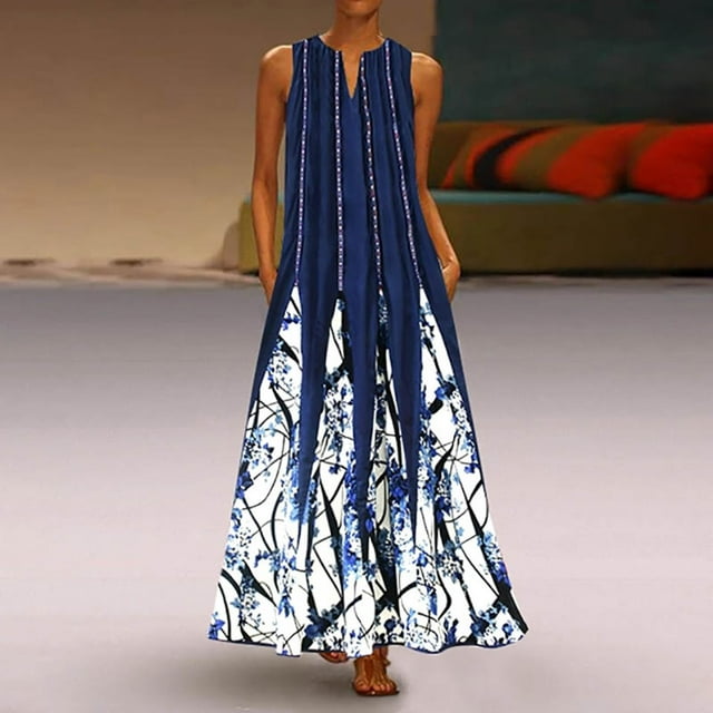 zanvin Robes d'Invitée de Mariage pour Femmes, Robe Longue Sans Manches Ample à Col en V Imprimée de Style Rétro pour Femmes