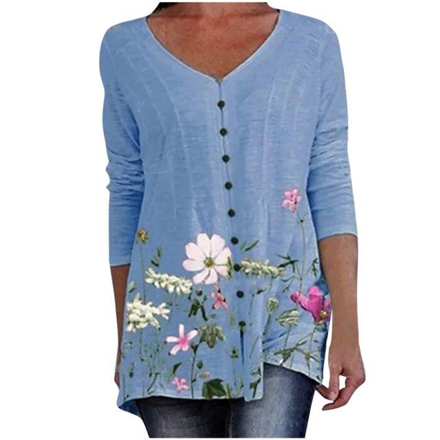 Blusa de mujer con estampado de manga larga con botones y cuello redondo, parte superior suelta informal Fridja hj4471