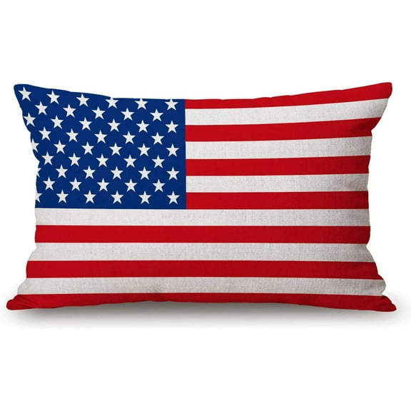 Patriotic American Flag Red White Blue Cotton Linen Decorative Throw Pillow Case Cushion Cover Pillowcase for Couch Sofa Bed,12 X 20 Inches