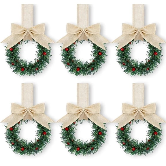 Christmas Wreath with Plaid Bow - 6PCS 4 Inch Mini Kitchen Cabinet Wreaths for Indoor and Outdoor Christmas Decorations, Holiday Decor for Windows, Doors, and Home Holiday Decor