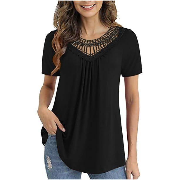 Tops de mujer Blusas con adornos de encaje de ganchillo Blusas de túnica plisadas elegantes de verano Camisetas de manga corta Pompotops hkajfhjk464237