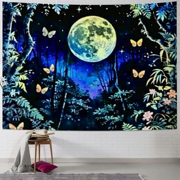 BCIIG  Moon Forest Tapestry, Butterfly Black Light Posters for Adults and Teens, UV Nature Moonlit Garden Wall Hanging Decor for Room  40x30inch