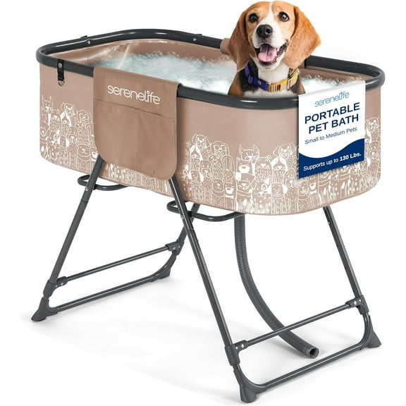 SereneLife Foldable Dog Bath Tub with Adjustable Height, 360° Access, Drain Hose & Storage Pockets – 130 lb Capacity Grooming Station for Indoor/Outdoor Use, Beige