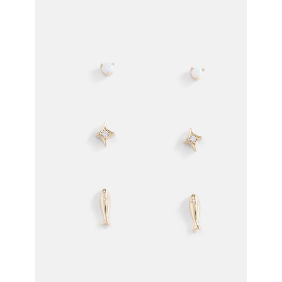 Free Assembly Women's Demi Fine 14K Gold Plated Cubic Zirconia and Simulated Opal Flat Back Stud Earrings Set, 3-Pairs