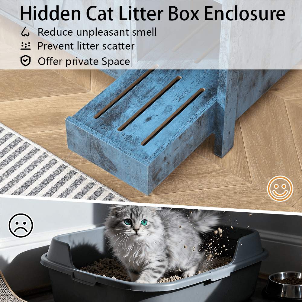 Litter Enclosure with Litter Collector, Litter Cabinet with Dog-Proof Adjustable Shelf, for Placing Cat Robot 3/4, Power Outlet (Blue)