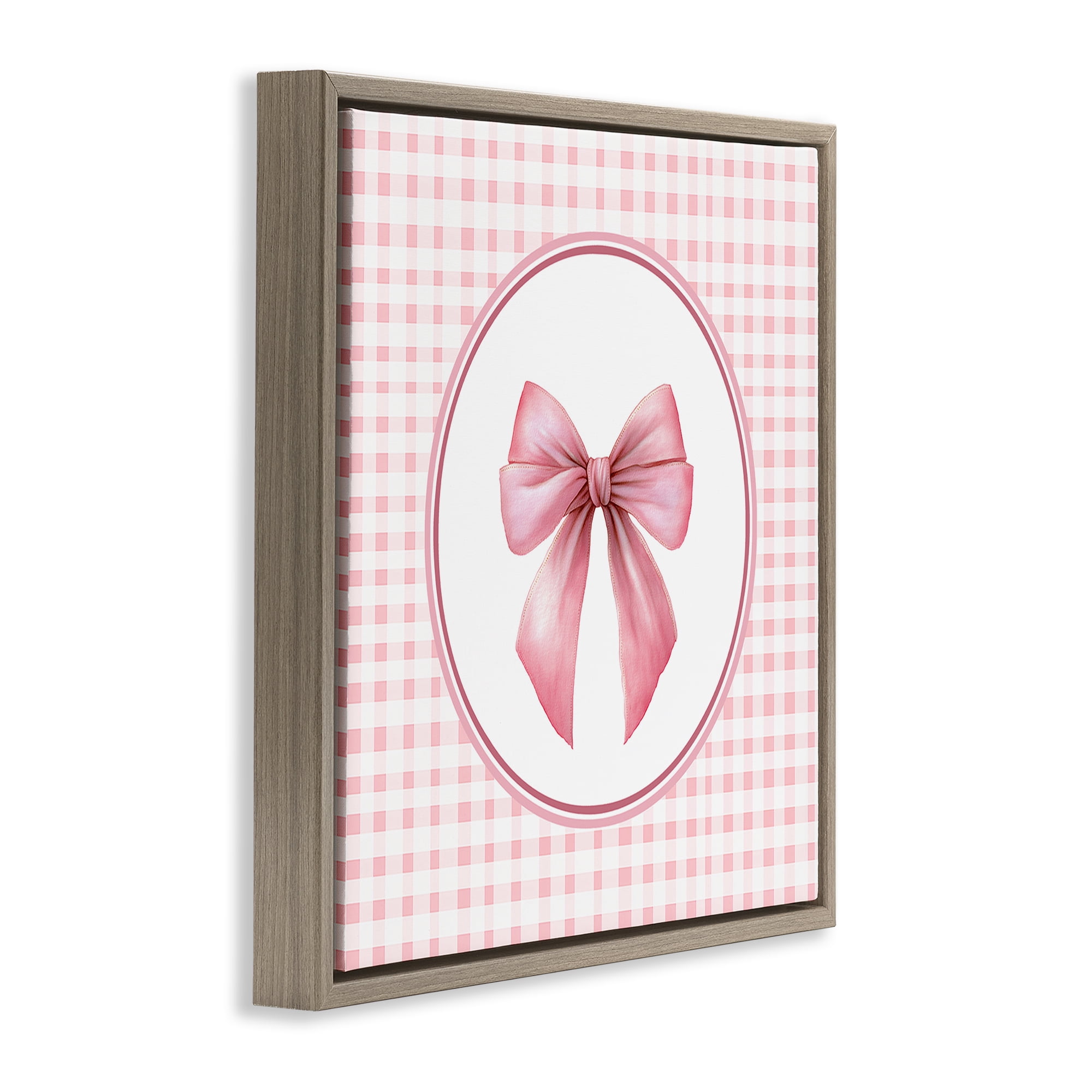 Stupell Industries Pink Bow with Circular Gingham Brown Framed Floater Canvas Wall Art, design by Christine Simpson Art