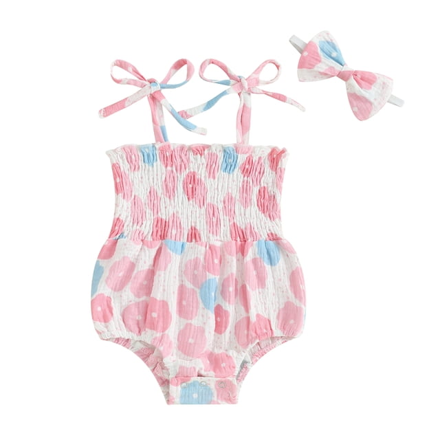 Gupgi Combinaisons une Pièce pour Bébé Fille Justaucorps Floraux Sans Manches Smocké avec Bandeau