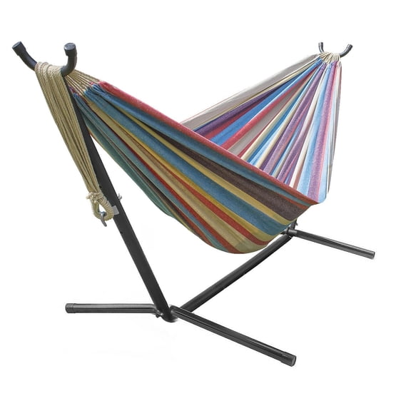 Brazilian Double Hammock with Stand, Blue, Sand, Purple, Red Stripes