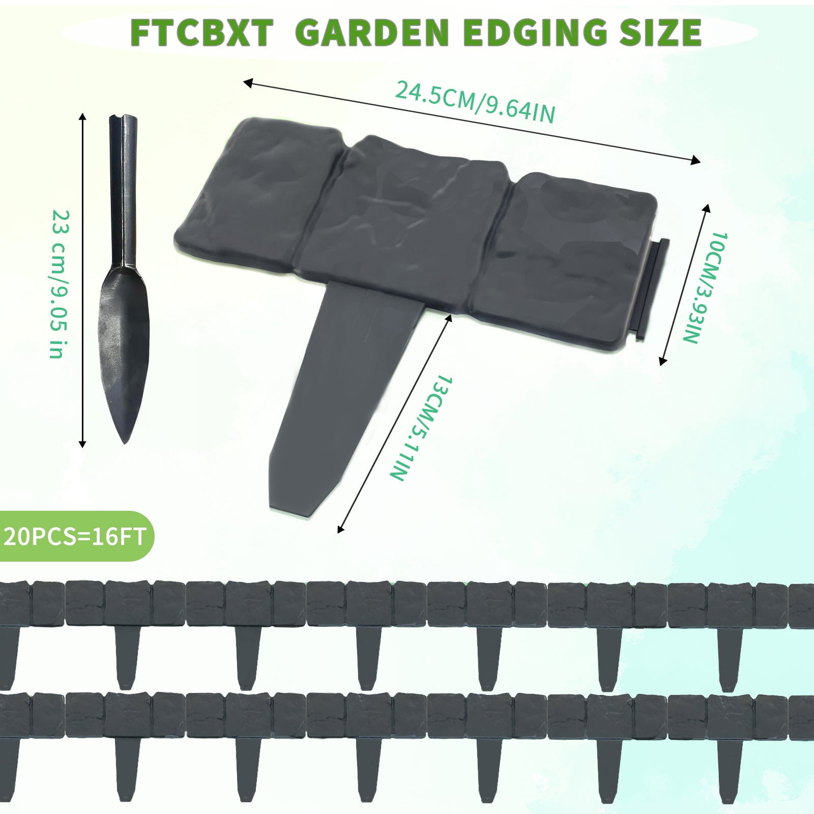 FTCBXT Edging for Landscaping,Landscape Edging Border, 16 Ft Plastic Garden Edging Border, Imitation Stone Fence for DIY Outdoor Yard Landscaping (20 Pcs, Black)