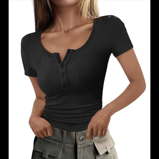 Blusa Informal Básica de Corta con Cuello Henley Acanalado y Botones para Mujer, y Verano Negro S