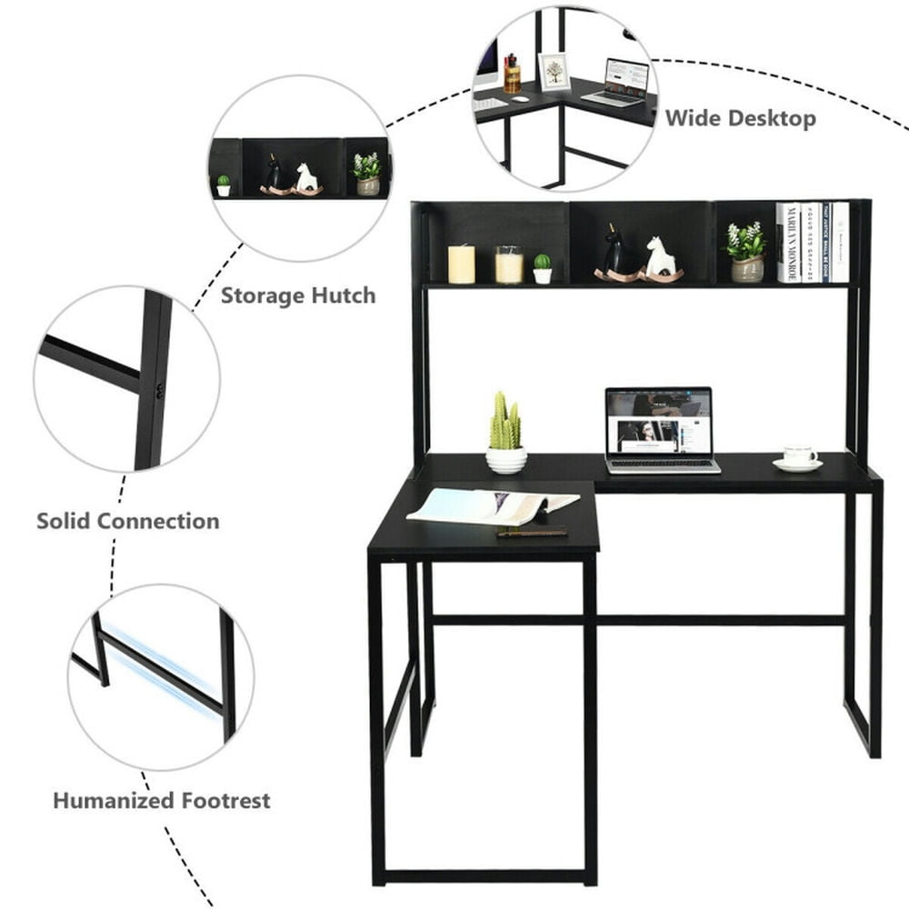 Demi Bonn Reversible L-Shaped Corner Desk with Storage Bookshelf, Small Home Office Desk Study Writing Table, Black
