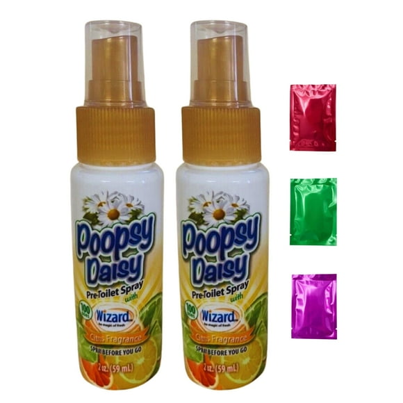 Poopsy Daisy Vaporisateur de Toilette Pré-Caca Parfum d'Agrumes, Vaporisateur Pré-Caca Wizard avant de Partir, Parfum de Salle de Bain jusqu'à 100 Vaporisations Assainisseur d'Air Format Voyage 2 oz Lot de 2 avec Bonus Snoep en Oplage Perkte
