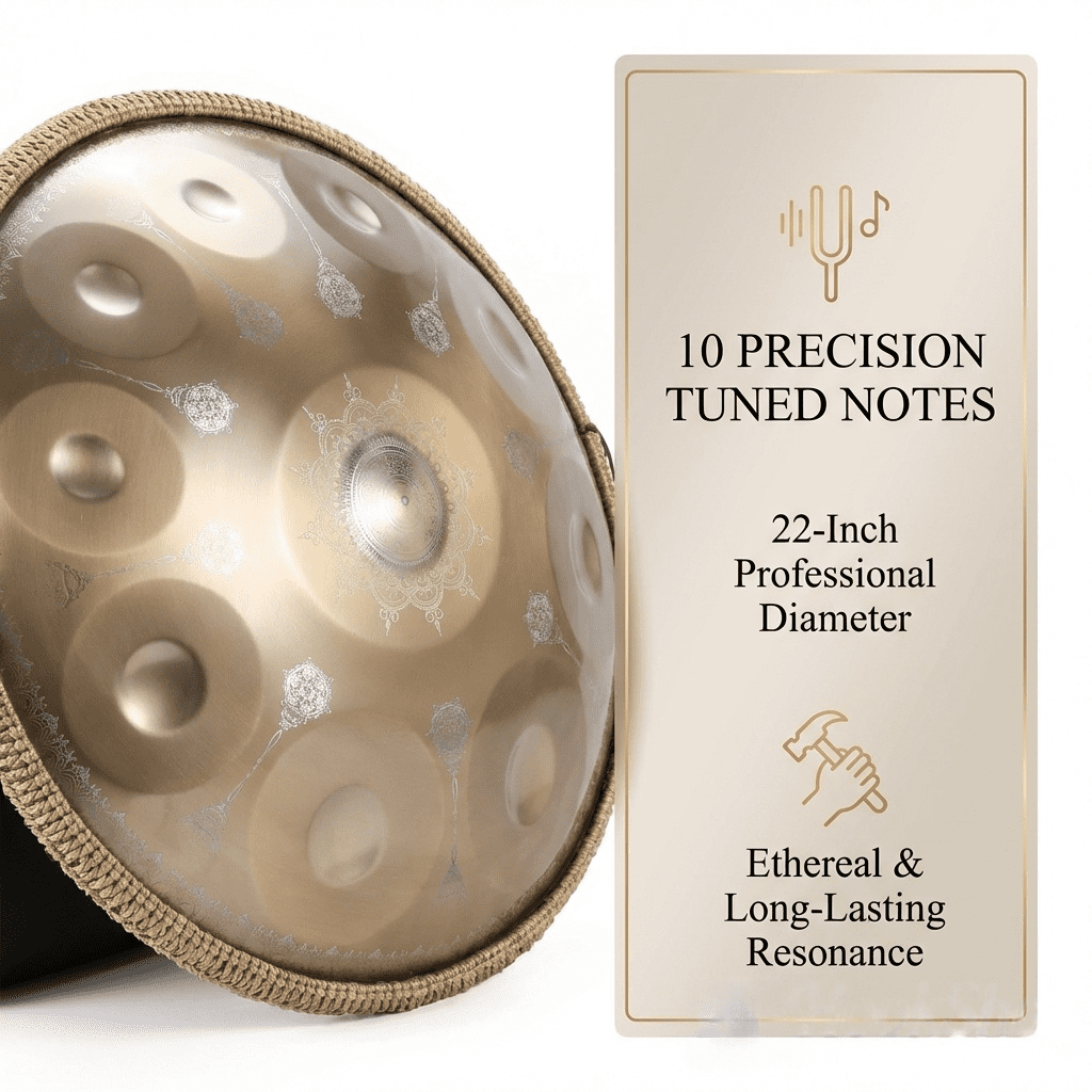 22-inch 10-Note Meditation Handpan, Dual Sound Modes Art Device for Celebration, Champagne Gold