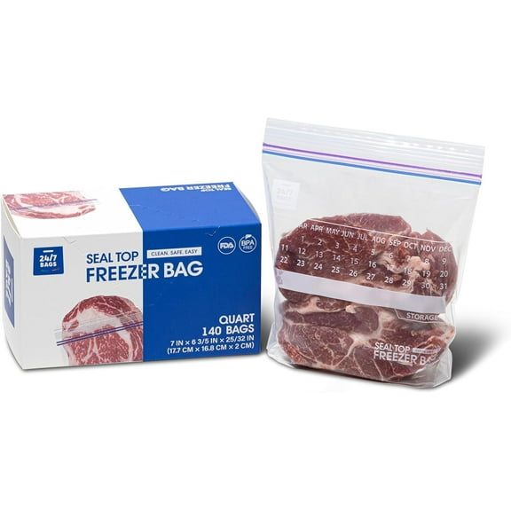 Quart Freezer Bags, 140 Count with Expandable Bottom and New Calendar Feature, Easy Fill On The Go