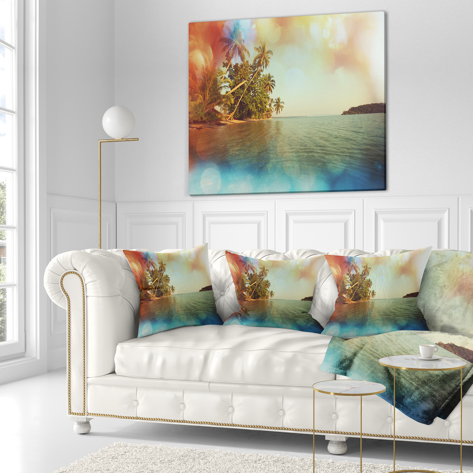 Designart Serene Tropical Beach with Palms - Seashore Throw Pillow - 18x18