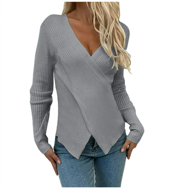 TIMIFIS Womens Pullover Sweater Solid Casual Knit Surplice Wrap Long Sleeve Fall Winter Jumper Tops - Fall/Winter