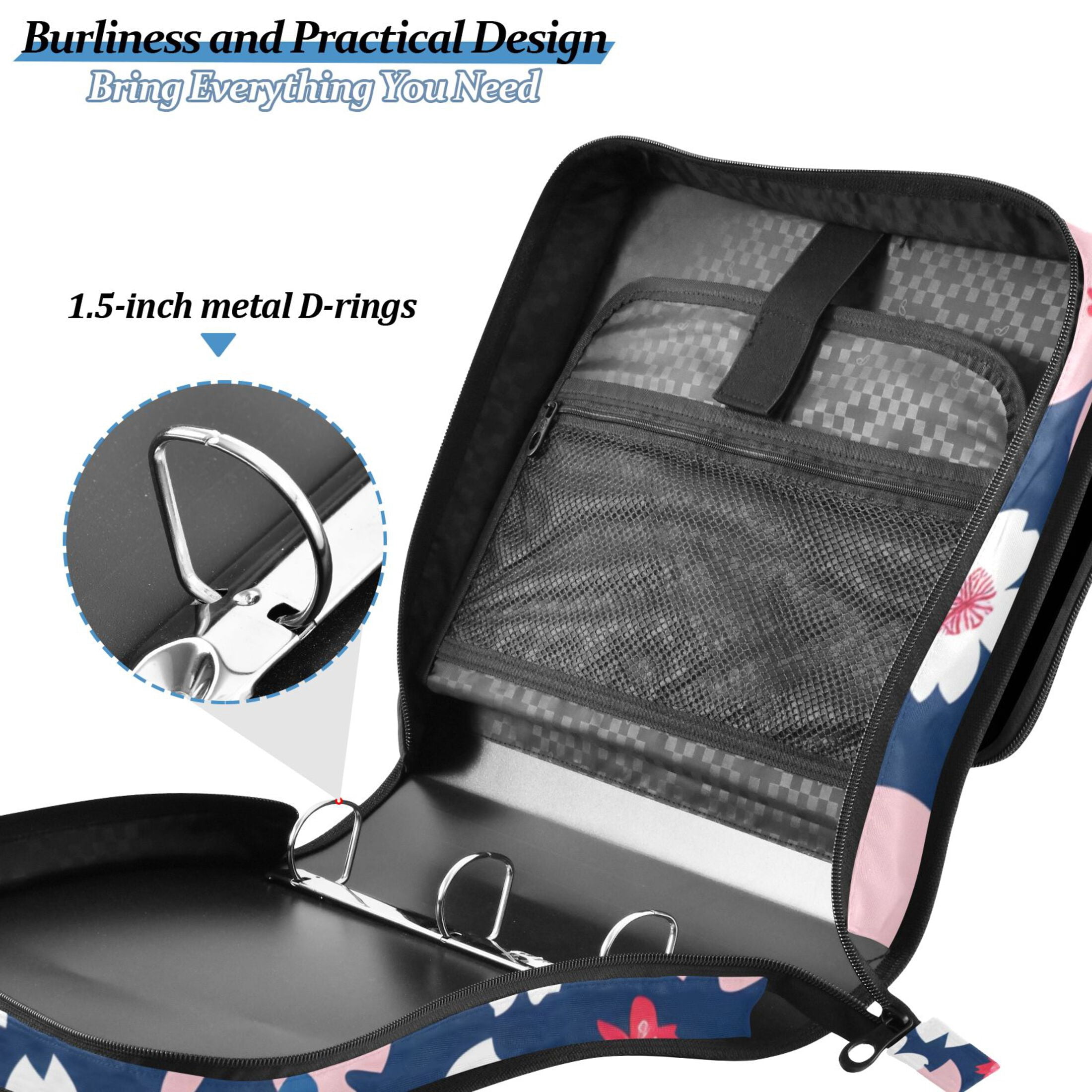 3 Ring Zipper Binder with Shoulder Strap Waterproof Trapper Keeper 2 Inch D-Ring 500 Sheets Capacity Colorful Cherry Blossoms