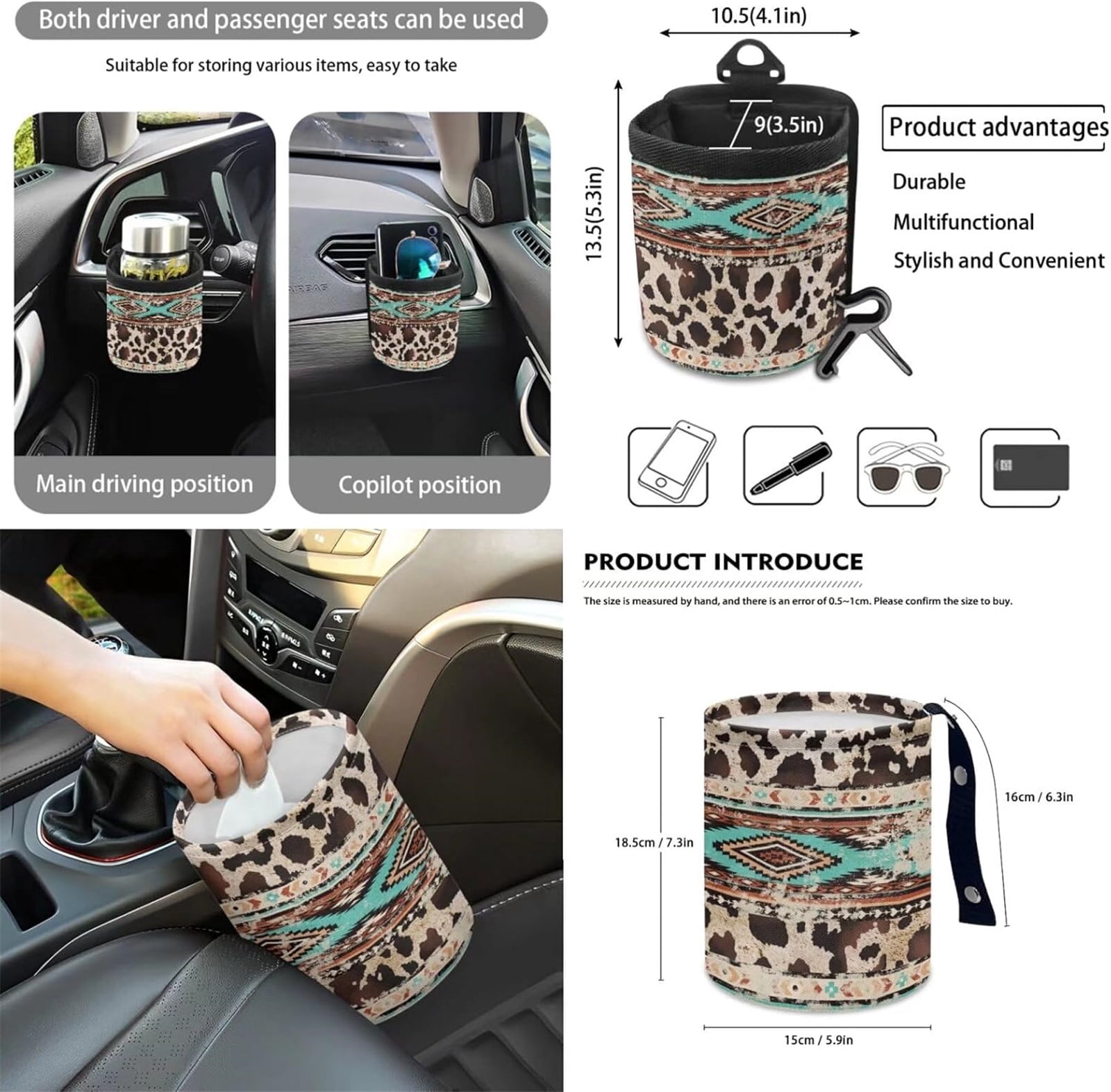 Yuyamidu Brown Cow Print Car Seat Cover Set of 12 Western Aztec Front Seat Covers Steering Wheel Cover Seatbelt Pads Armrest Cover Trash Can Air Vent Holder Rearview Mirror Cover Coasters Keychain